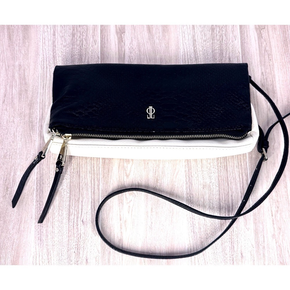 Jennifer Lopez JL Foldover Crossbody Clutch Purse‎ Black Cream Snakeskin Flap
